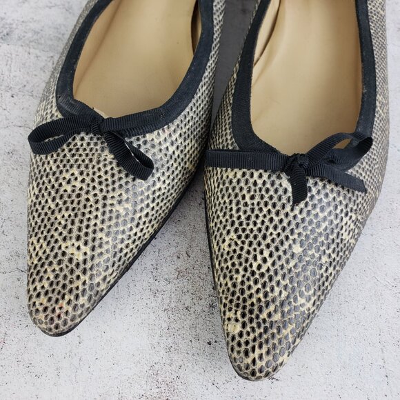 J CREW Italy Pointed Toe Pump Shoes Ballet Flats Textured Leather Snake Bow 8.5 - Picture 6 of 13